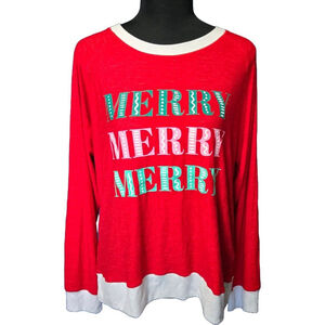 Jaclyn Intimates Pajama Top L NWOT Red Merry Merry Merry Christmas Holiday Cozy